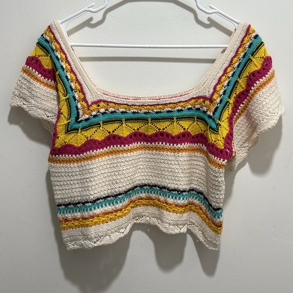 POL- Boho Crochet Knit Crop Top Multicolor Striped Festival Summer Size Large - Picture 5 of 7